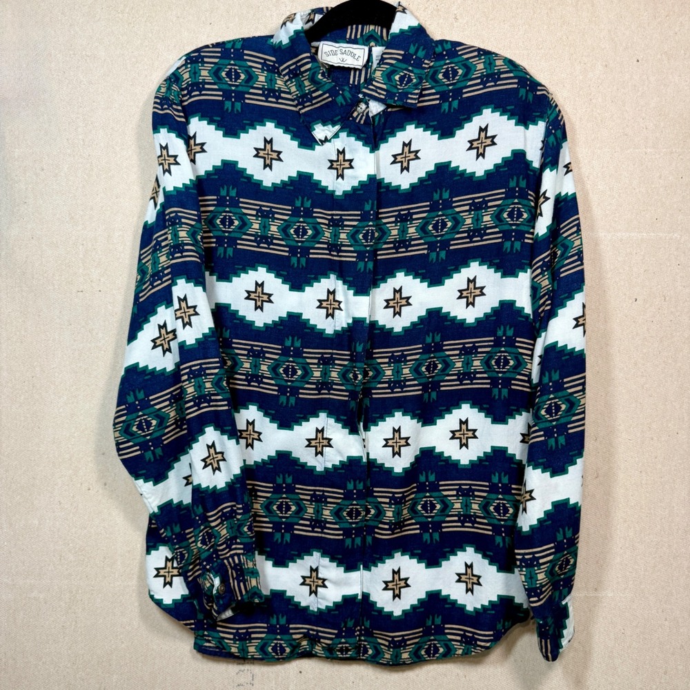 Side Saddle Vintage Southwestern Geometric Rayon Button Down Shirt Navy Teal M